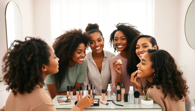 Easy beauty tutorial in a bright, modern studio with diverse individuals applying makeup.