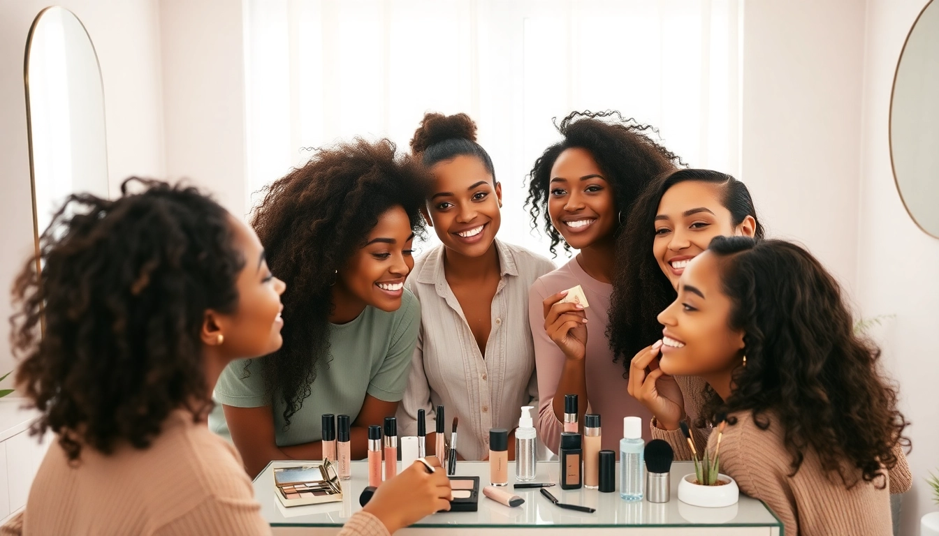 Easy beauty tutorial in a bright, modern studio with diverse individuals applying makeup.