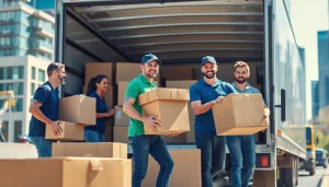 Efficient moving company canada team packing in a busy urban setting, showcasing teamwork.