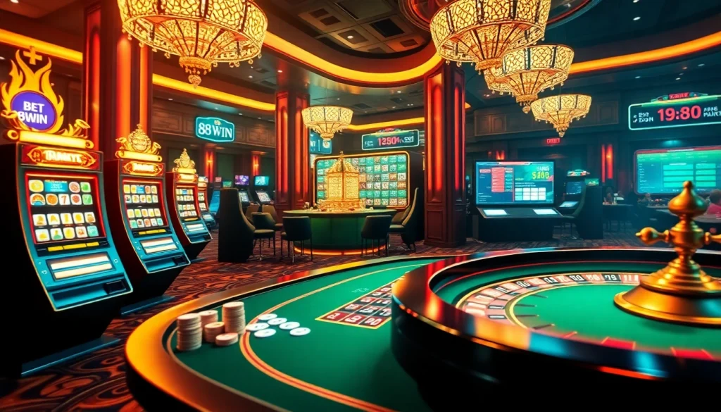 Experience the thrill of 98win đăng nhập with vibrant online casino visuals showcasing slot machines and poker tables.