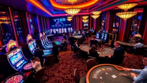 Players enjoying their experience at VT88 casino tables amidst vibrant gaming environment.