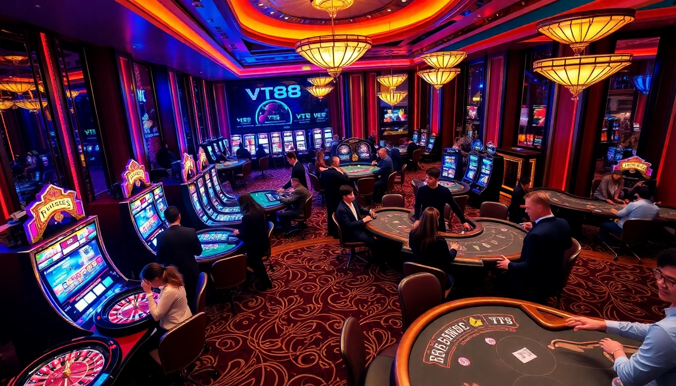 Players enjoying their experience at VT88 casino tables amidst vibrant gaming environment.