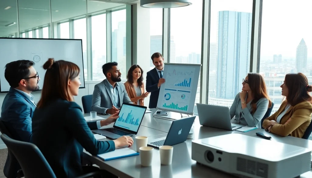 Sales team strategizing competitive intelligence for sales in a bright office.