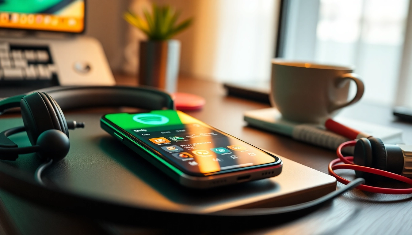 Experience the Spotify mod apk on a sleek smartphone with headphones and music notes.