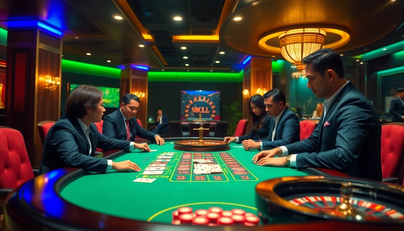 Exciting poker game scene at Nhà cái DOLA789 with colorful chips and cards.