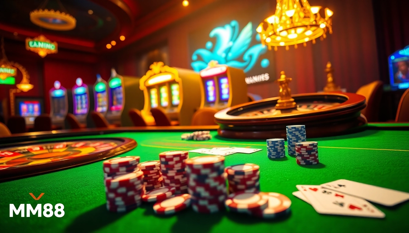 MM88 offers a thrilling gambling experience with vibrant casino tables and classic gaming elements.