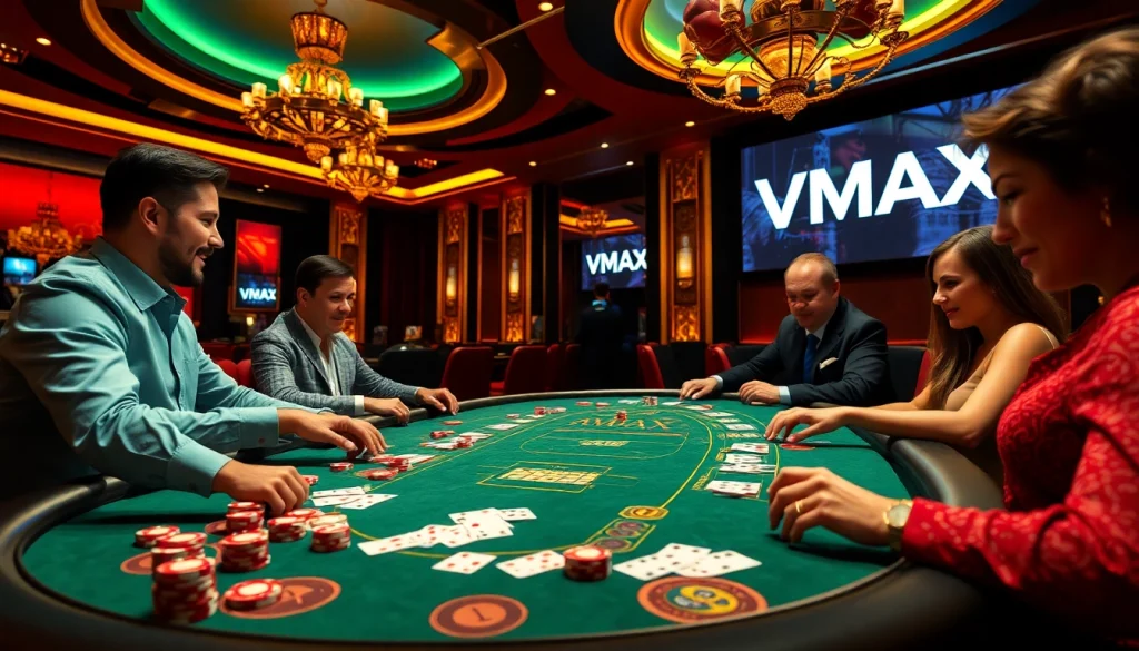 VMAX logo illuminated in an exciting casino scene with poker chips and vibrant gameplay elements.