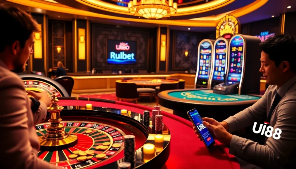 Players enjoying thrilling games at UU88 online casino, highlighting excitement and luxury.