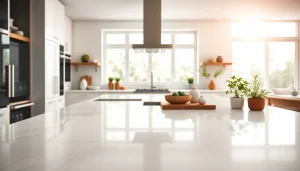 Showcasing Caesar Stone Quartz countertops in a modern kitchen environment featuring natural lighting.