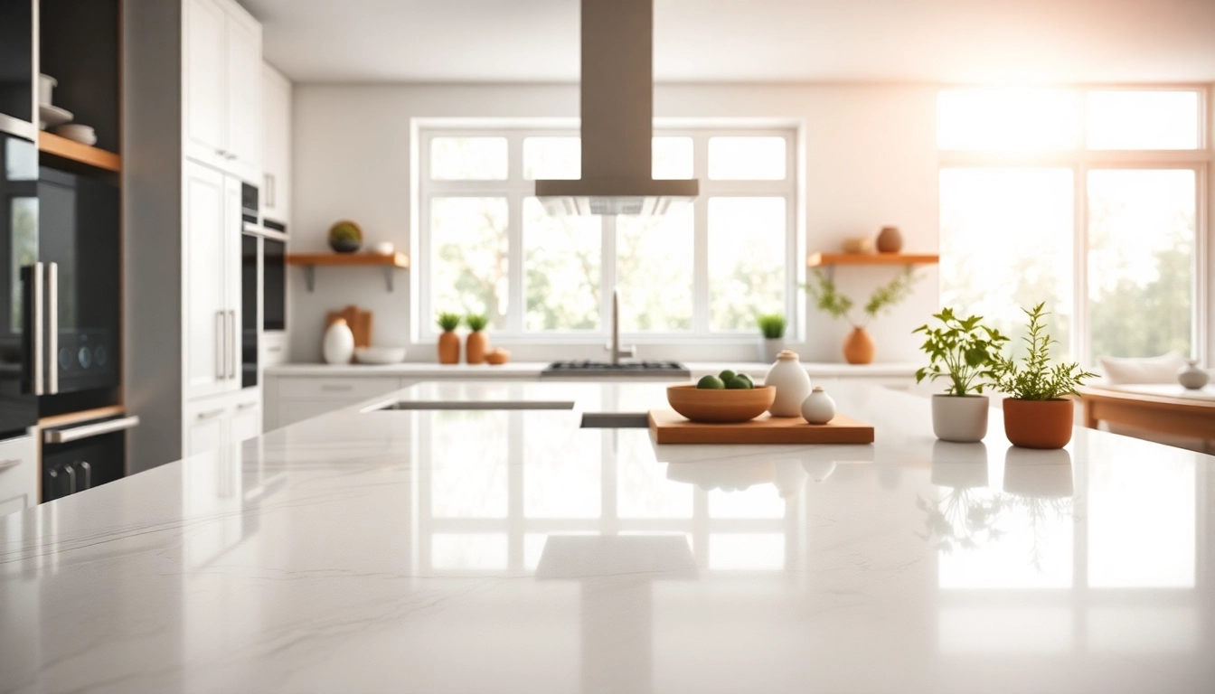 Showcasing Caesar Stone Quartz countertops in a modern kitchen environment featuring natural lighting.