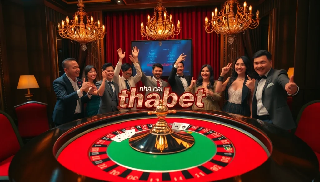 View vibrant gambling scene at nhà cái thabet highlighting roulette excitement with players celebrating.