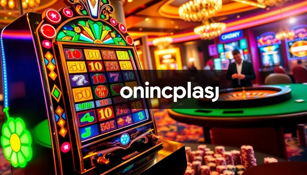 Engaging casino scene with luxury slot machine showcasing onicplay, roulette wheel, and poker cards.