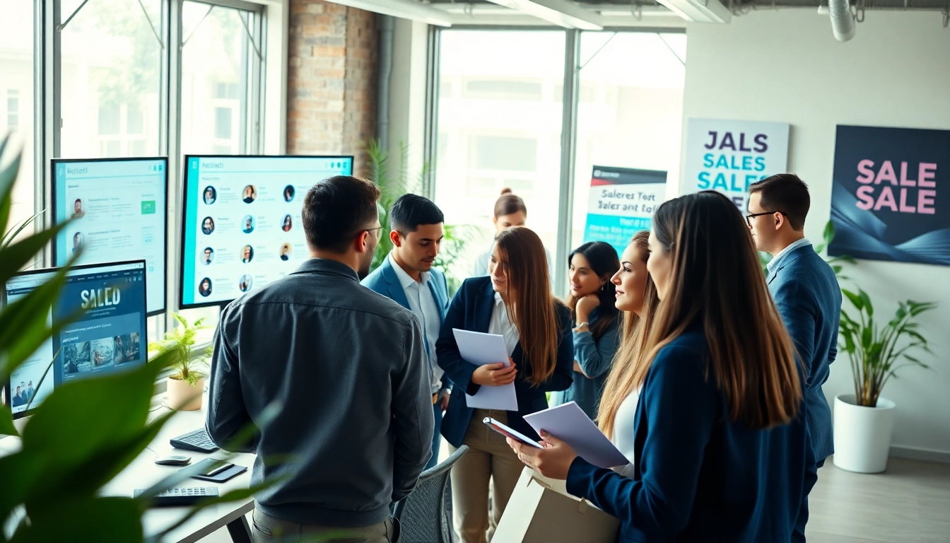 Find a job board for sales roles, professionals engaging with job opportunities in a dynamic office.