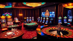 Play exciting games at https://gg88.tech/ in a lively casino with vibrant slot machines and poker tables.
