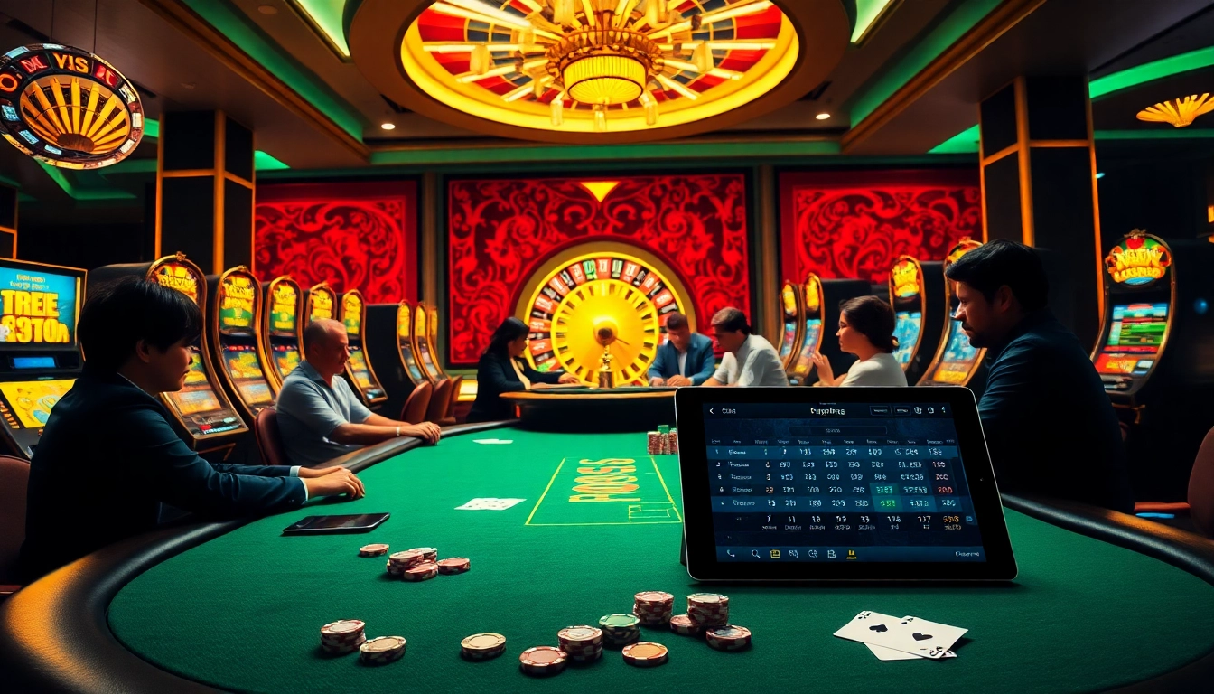 Exciting poker game scene with players betting on https://i5bet.it.com/ surrounded by vibrant casino elements.