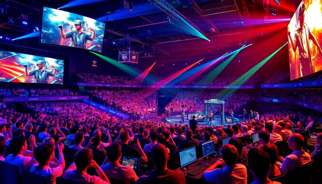 Watch Trực tiếp Esport action in a vibrant esports arena filled with cheering fans.