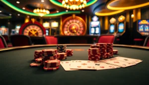 Experience the excitement of bk8thai with a luxurious poker table and vibrant casino atmosphere.