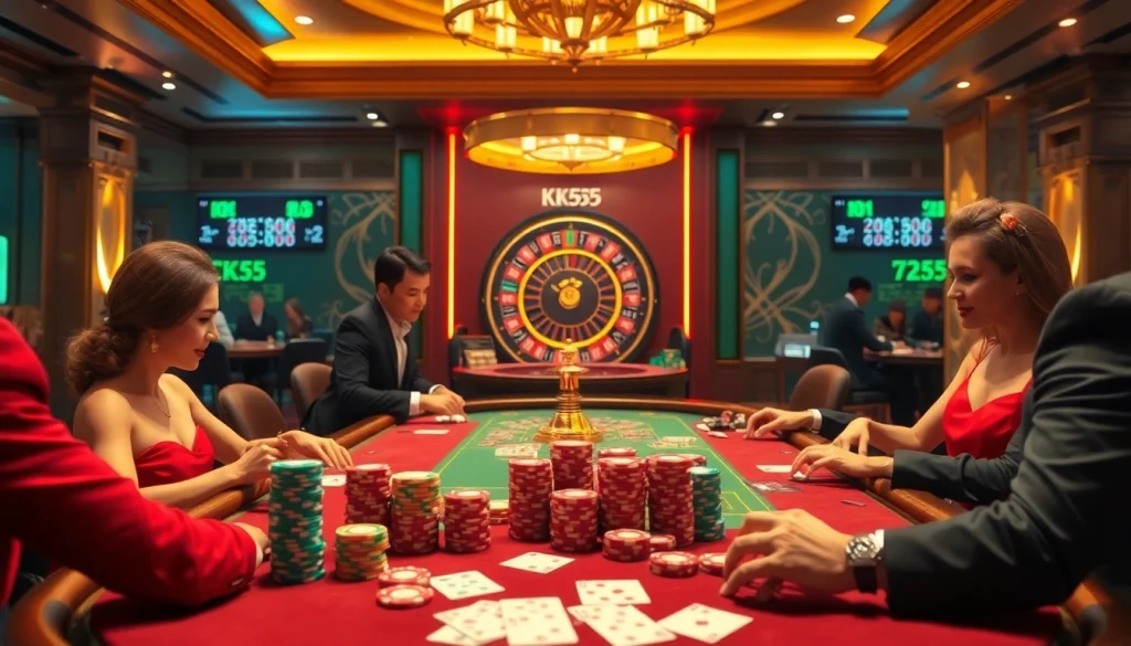 Exciting poker action at a luxurious casino showcasing KK55 and vibrant gambling elements.