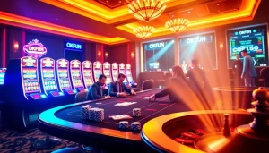 Players enjoying an exciting poker game at OKFUN's luxurious online casino.