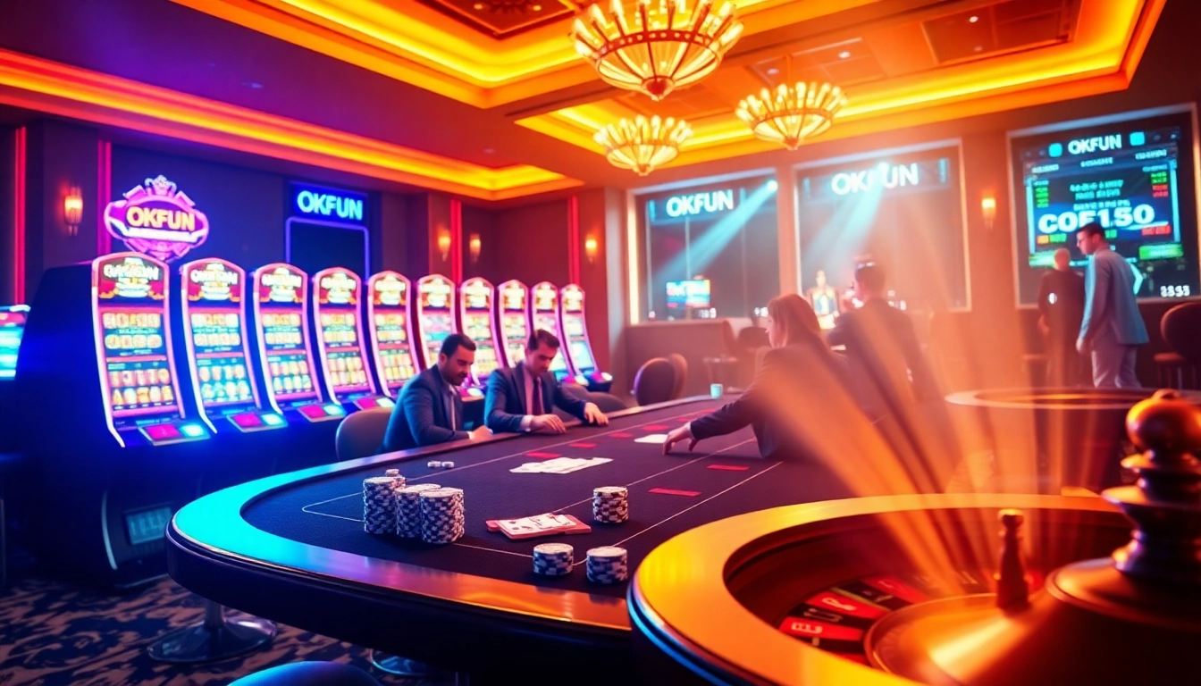 Players enjoying an exciting poker game at OKFUN's luxurious online casino.