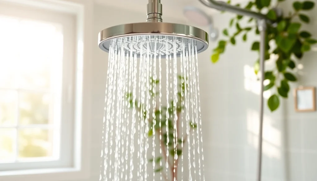 Experience a refreshing sunny shower with a luxurious rain showerhead in a bright bathroom.