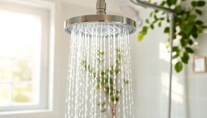 Experience a refreshing sunny shower with a luxurious rain showerhead in a bright bathroom.