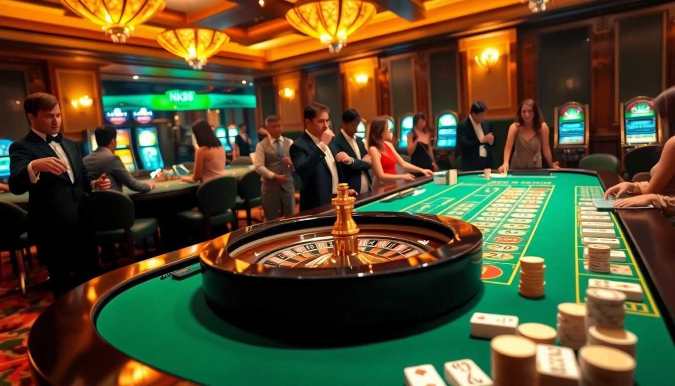 Players enjoying NK88 at a luxury casino gaming table, surrounded by winning excitement.