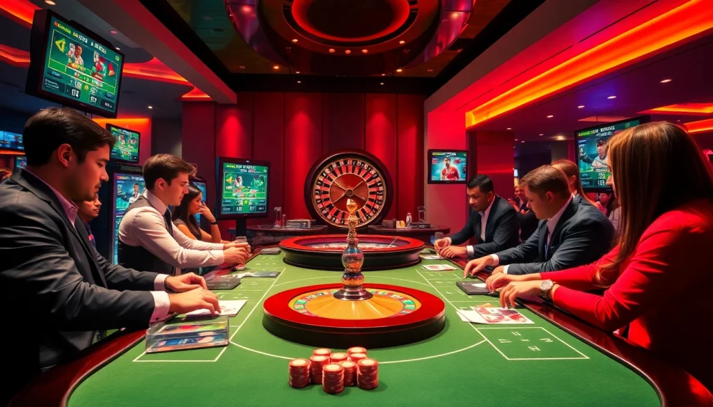 Sbobet sports betting action at an upscale casino table with engaged players and vibrant gaming elements.