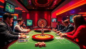 Sbobet sports betting action at an upscale casino table with engaged players and vibrant gaming elements.