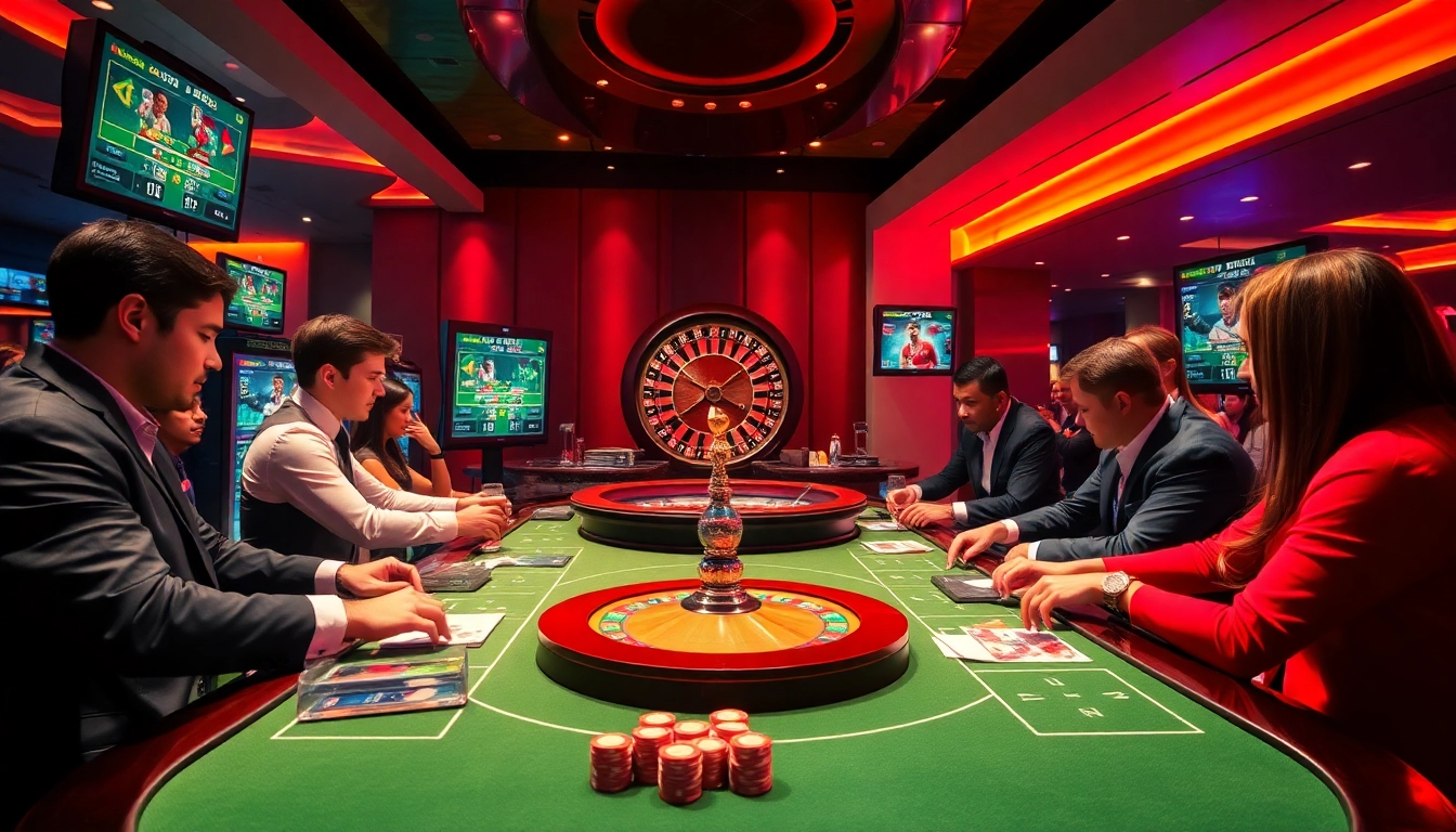 Sbobet sports betting action at an upscale casino table with engaged players and vibrant gaming elements.