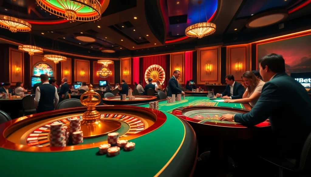 i9bet players engaging at a luxurious online casino table with vibrant poker chips and roulette wheel.