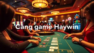 Cổng game Haywin featuring an exciting casino scene with vibrant slot machines and lively gaming tables.