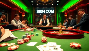 S804.COM poker chips and cards on a vibrant casino table, representing excitement in gaming.