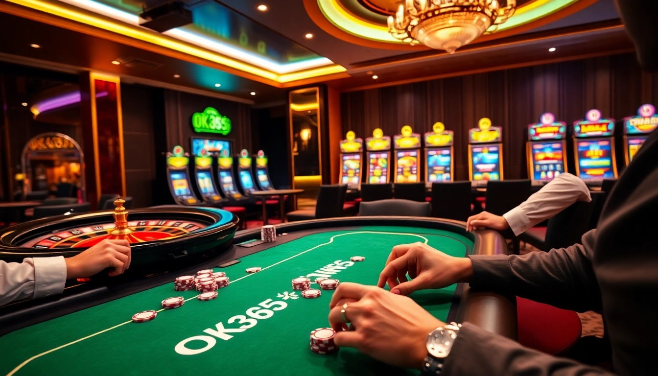 Players immerse in an exciting poker game at OK365's high-stakes table, showcasing luxury and thrill.