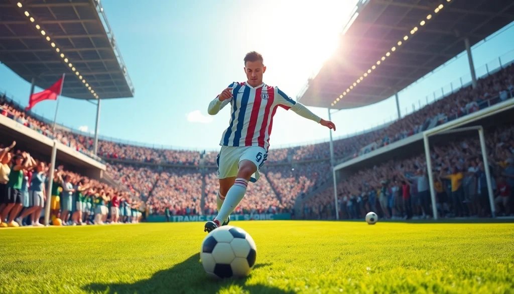Capture the essence of บอลวันนี่ with an energized soccer player kicking a ball amidst a cheering crowd.
