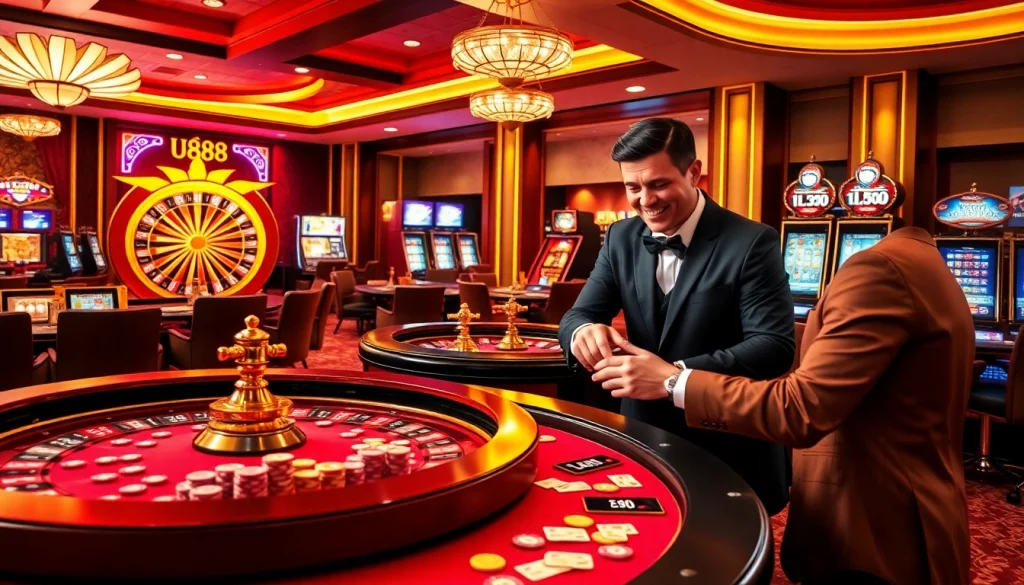 Experience the excitement of U888 casino games with vibrant tables, chips, and a spinning roulette wheel.