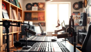 Engaging live broadcast scene at WRNJ Radio with professional equipment and lively atmosphere.