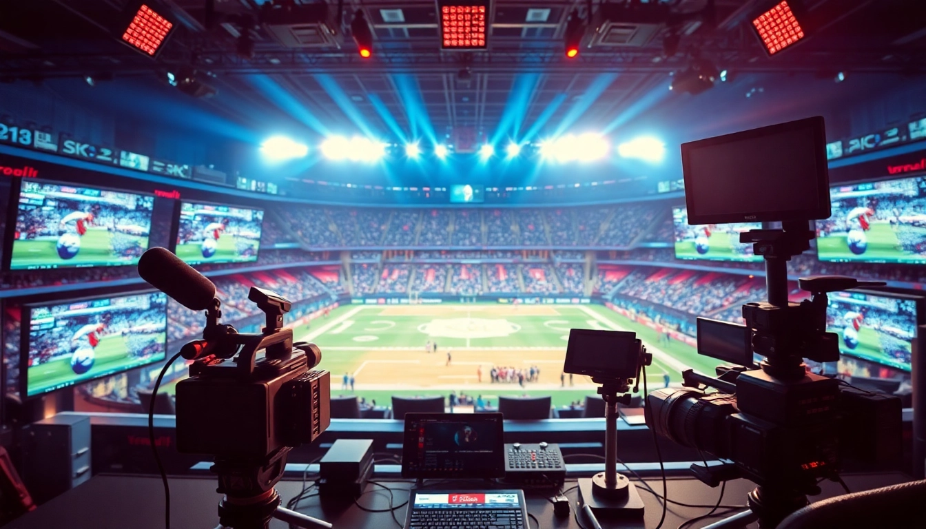 Dynamic scene of sports broadcasting showcasing technology and live events with vibrant atmosphere.