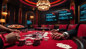 A high-stakes poker game showcasing hidden wiki dark web themes with illuminated chips and a roulette wheel.
