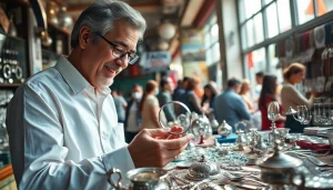 Zinn Ankauf Köln zeigt einen Experten, der im Markt mit Silbergegenständen arbeitet.