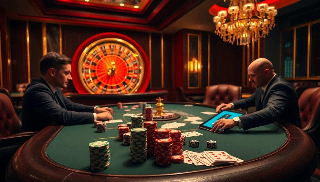 Gamblers at a poker table enjoying the luxurious atmosphere at https://www.kjc.global/ with vibrant dice and cards.