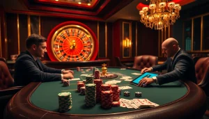 Gamblers at a poker table enjoying the luxurious atmosphere at https://www.kjc.global/ with vibrant dice and cards.