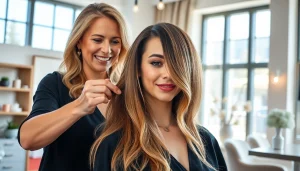 Expert stylist performing coafat bucuresti in a chic salon, demonstrating skill and artistry.