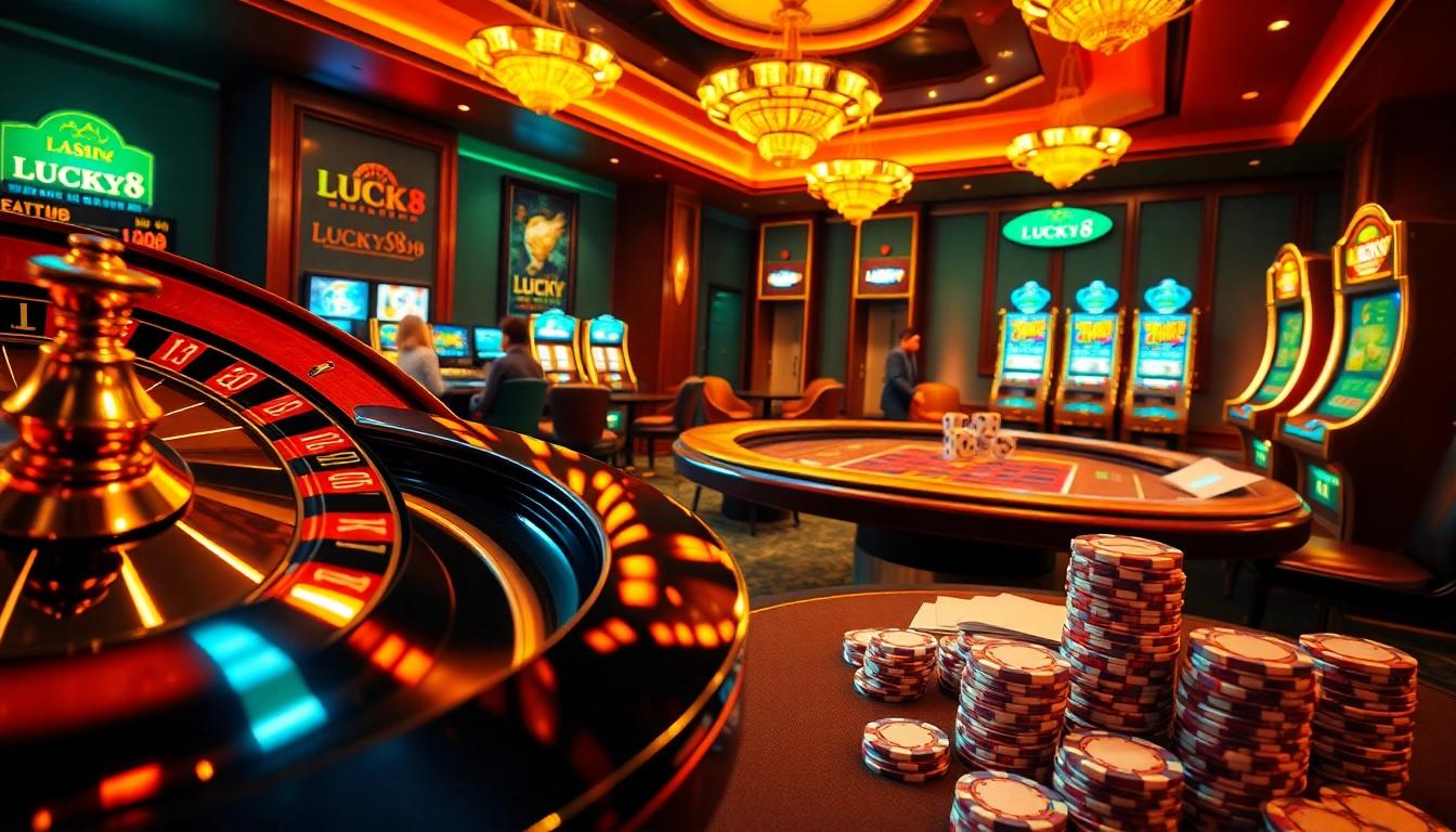 Trải nghiệm sự hứng khởi của LUCK8 và LUCKY8 trong một casino sôi động, nổi bật với bánh xe roulette và các trò poker hấp dẫn.