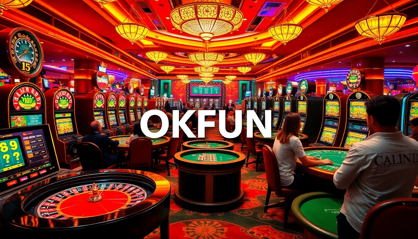Players enjoying exhilarating games at the OKFUN casino, filled with vibrant slot machines and roulette tables.