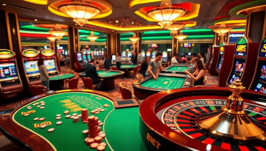 Engaging scene of a luxurious SHBET casino with poker chips, roulette, and excited players.
