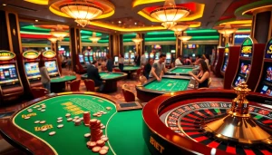 Engaging scene of a luxurious SHBET casino with poker chips, roulette, and excited players.