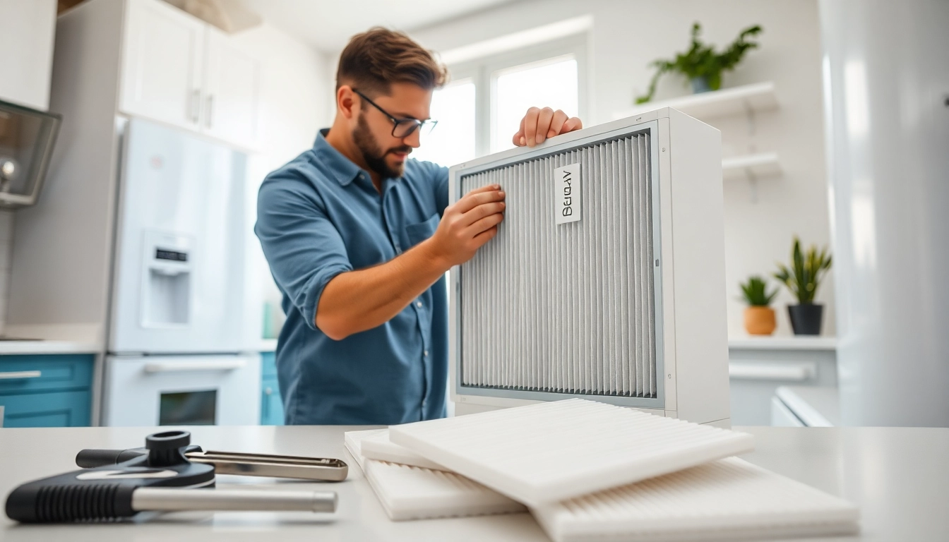 Installing a hepa filter in a modern kitchen, emphasizing clean air solutions.