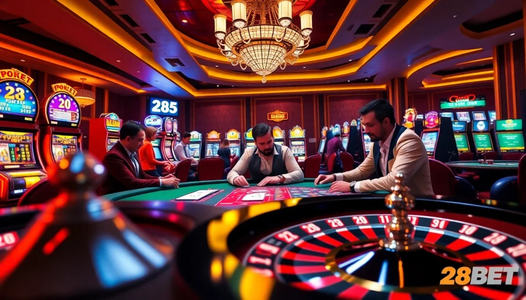 Gamblers enjoying an exciting poker match at a luxury casino table branded with 28BET elements.