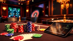 Experience intense poker action with Fly88 betting chips and cards in a luxurious casino setting.
